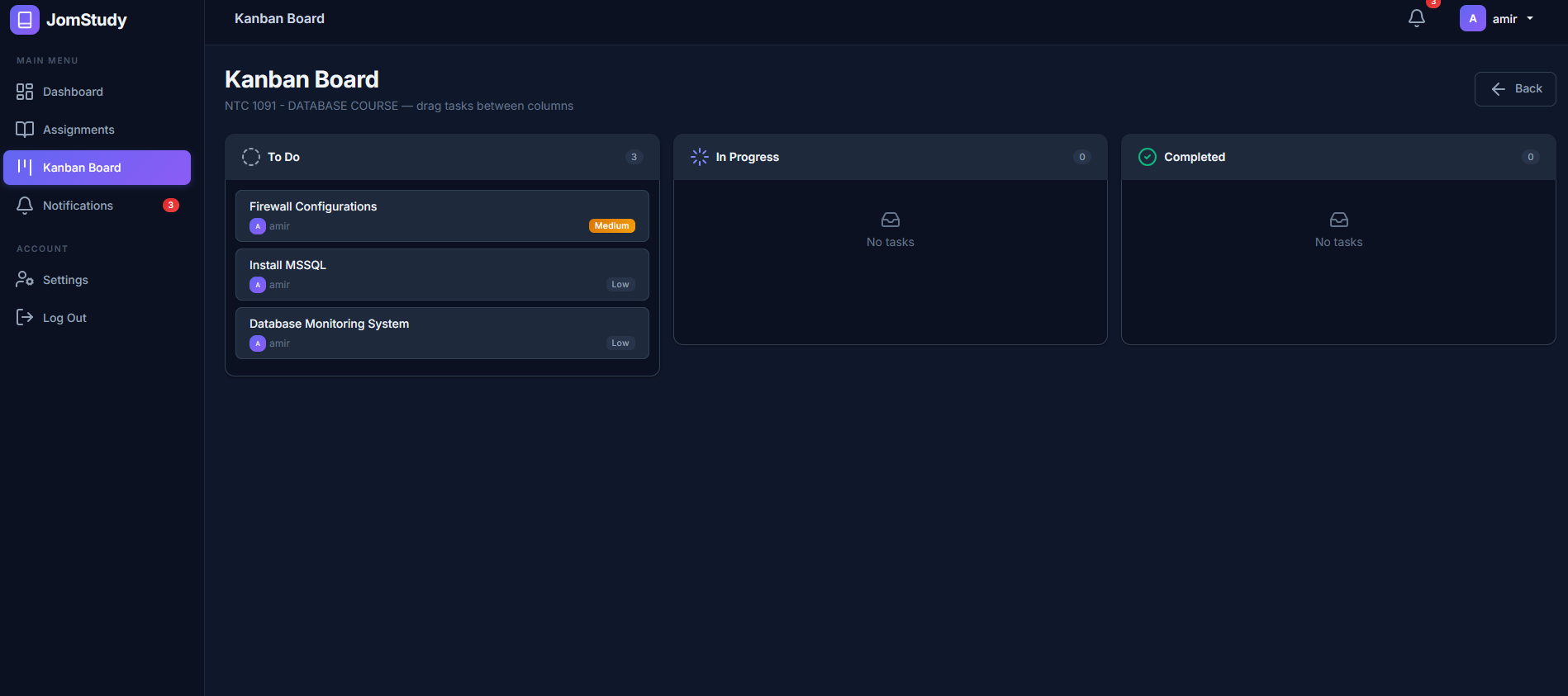 LetsBelajar kanban board for group project planning
